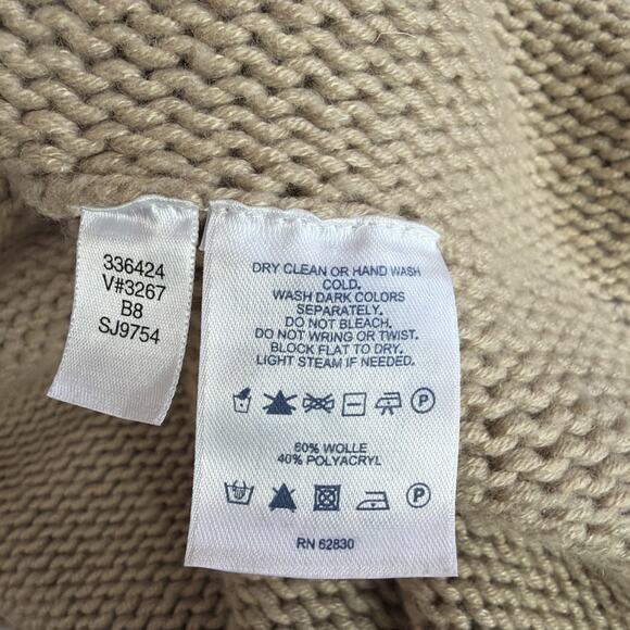 Lands End large XL Poncho Sweater Tan Pullover Cable Knit Fringe Wool Blend - Picture 8 of 9